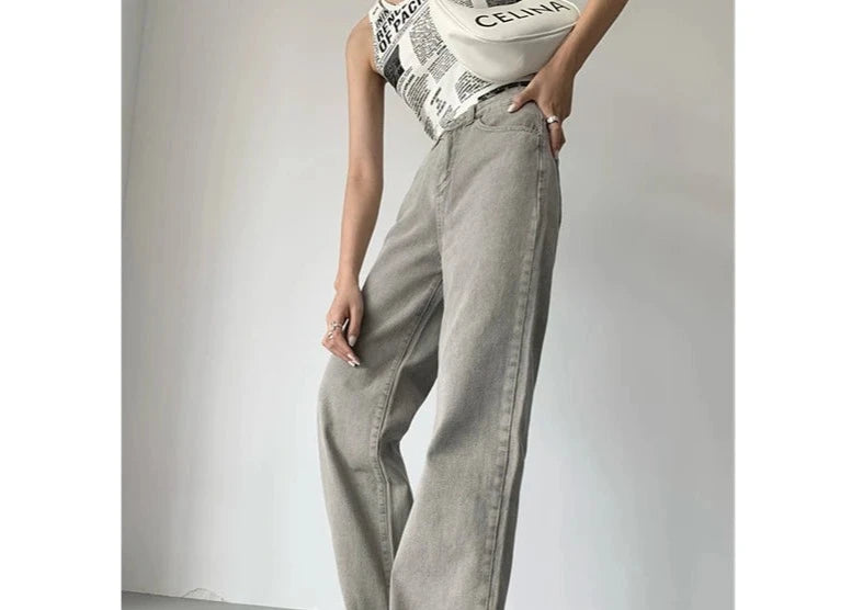 Grey Womens Jeans High Waist Vintage Straight Baggy Denim Pants Streetwear American Style Fashion Casual Wide Leg Denim Trouser