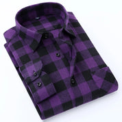 Men's Slim-fit Casual Brushed Flannel Contrast Plaid Shirt Single Patch Chest Pocket Comfortable Soft Long Sleeve Gingham Shirts