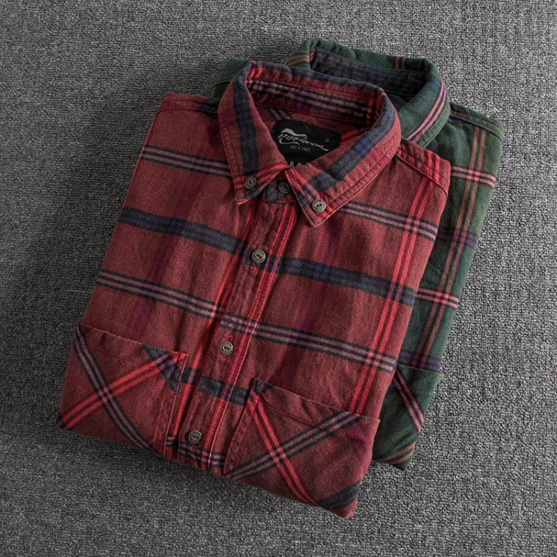 Personality big pocket decoration wash do old trend European and n men plaid long-sleeved shirt