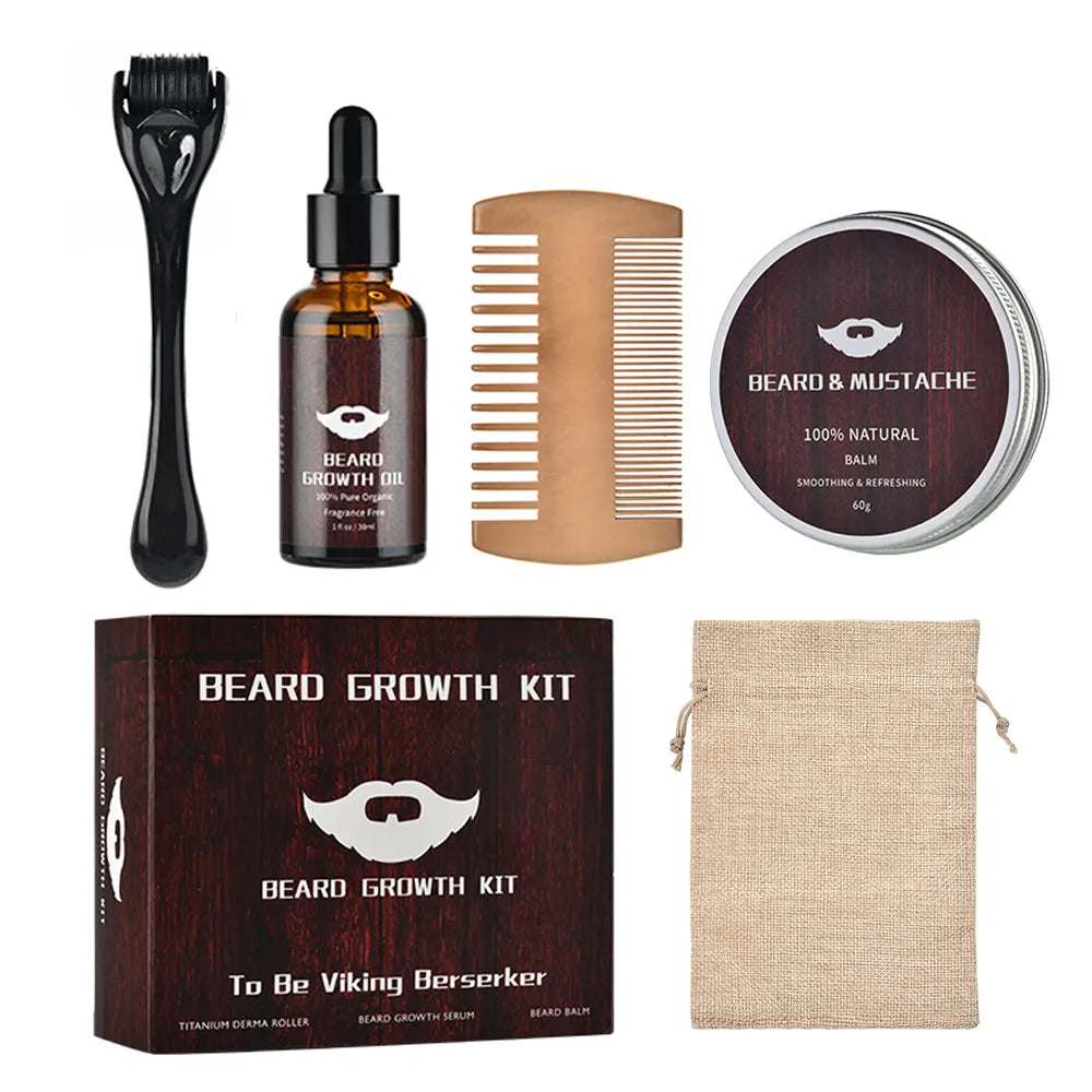 4pcs/set Beard Growth Kit For Men Hair Enhancer Thicker Mustache Grooming Beard Care Oil Moisturizer Wax Balm With Roller Comb