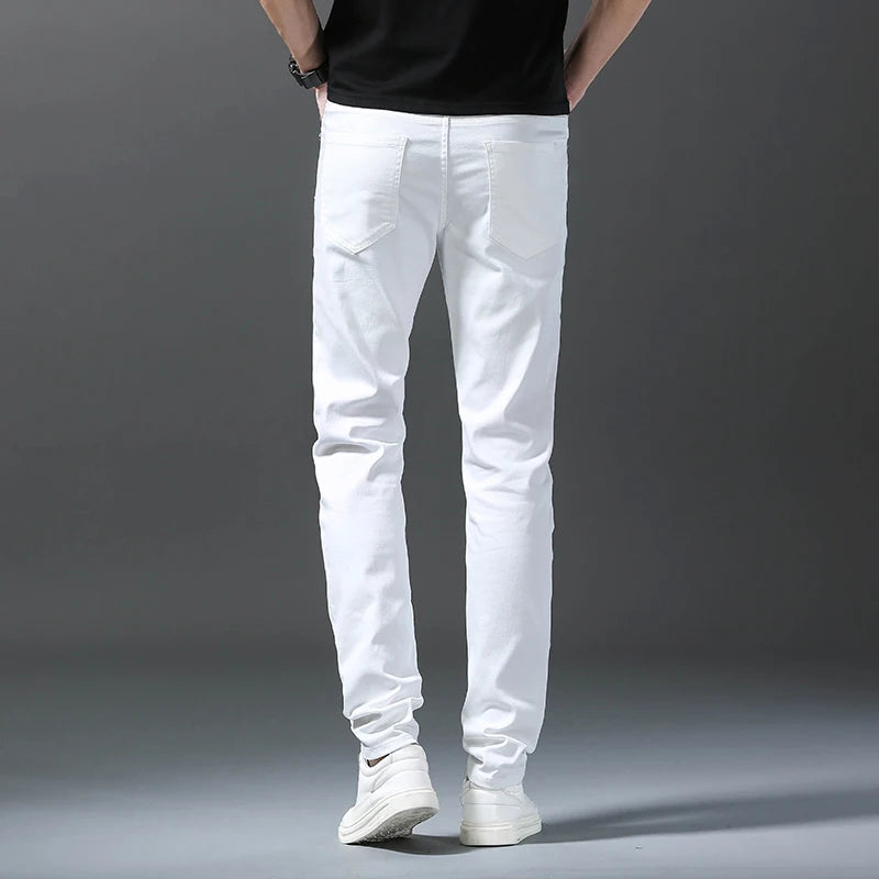 2024 Autumn New White Men's Jeans Straight Slim Solid Color Casual Denim Trousers Classic Male Brand Clothing Pants
