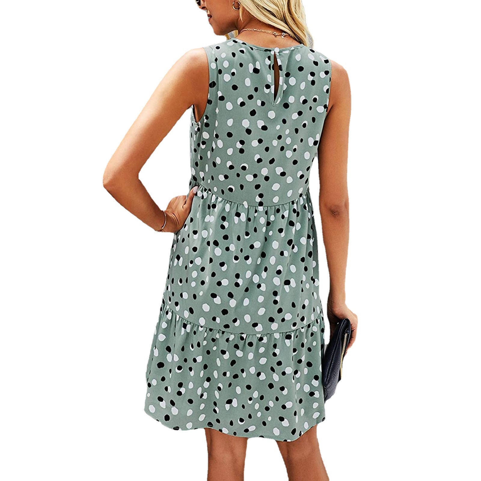 Women Summer Dot Print Sleeveless Loose Swing T-Shirt Dress With Pocket Casual Tank Mini Dresses Sundress
