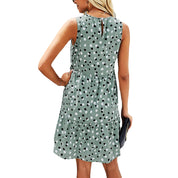 Women Summer Dot Print Sleeveless Loose Swing T-Shirt Dress With Pocket Casual Tank Mini Dresses Sundress