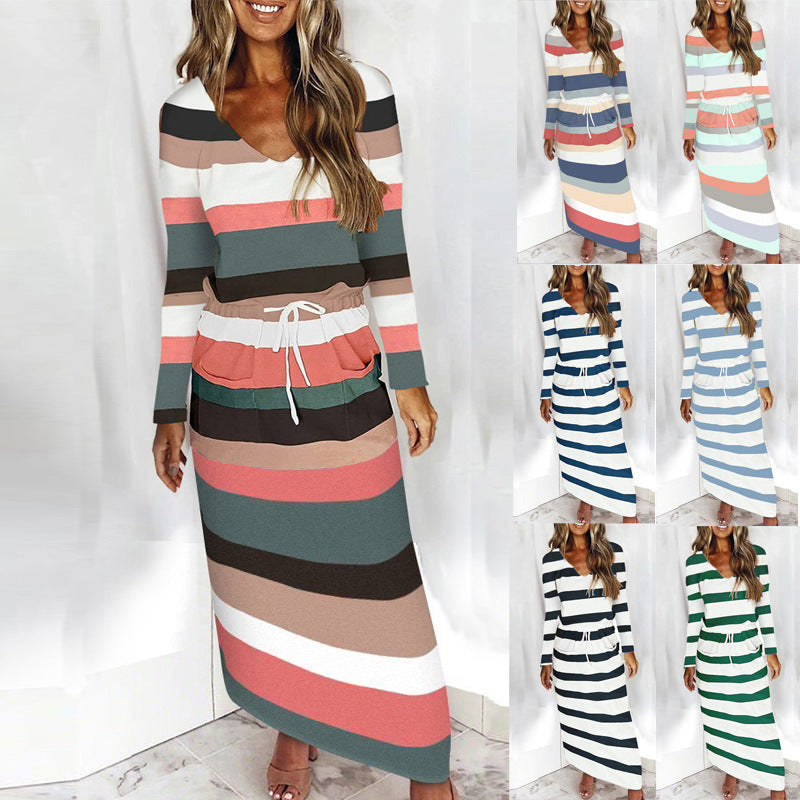 V-neck Loose Print Striped Long-sleeved Dress