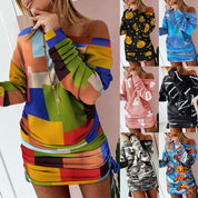 Women's Color-clash Print Irregular Long-sleeved Dress