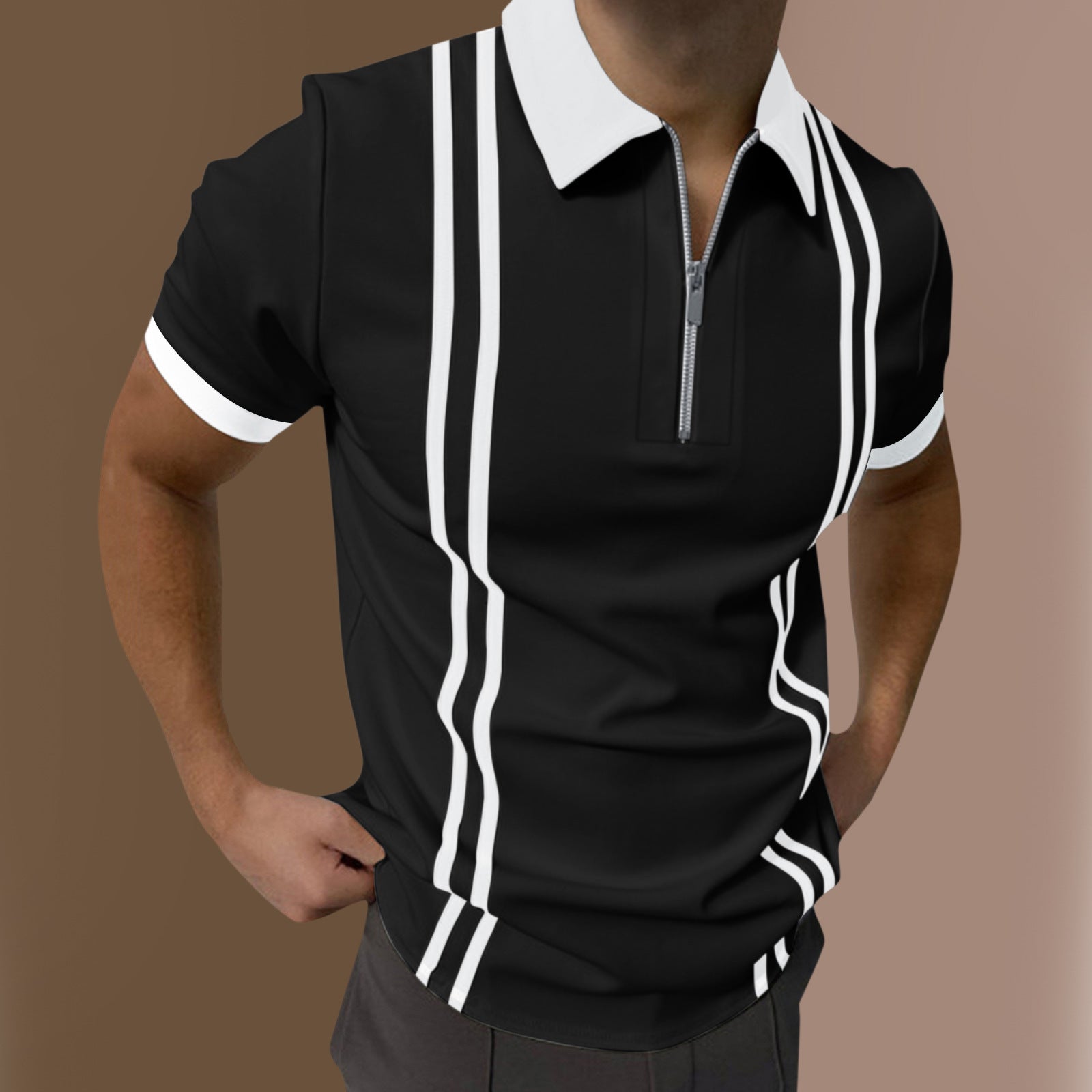 Zip Colorblock Striped Short Sleeve Men's Polo Shirt