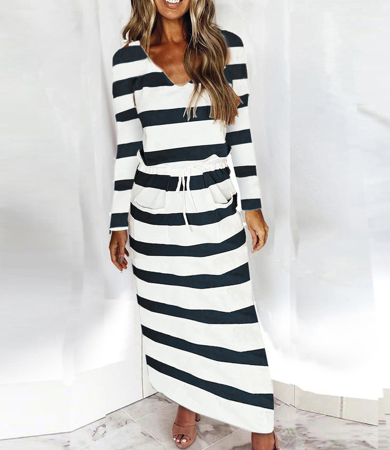 V-neck Loose Print Striped Long-sleeved Dress