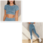 Sports Suit Women's Faux Denim Seamless Knit Fitness Yoga Crop T-Shirt Top Shorts