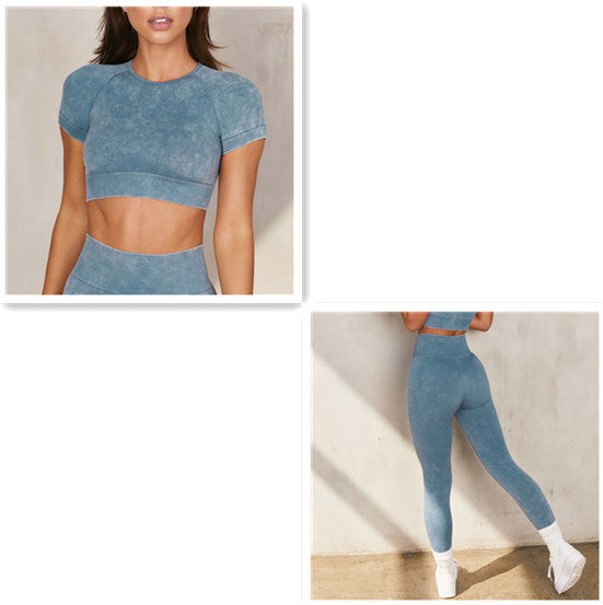 Sports Suit Women's Faux Denim Seamless Knit Fitness Yoga Crop T-Shirt Top Shorts