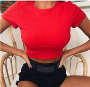 Neon Knitted Tshirt Women O Neck Short Sleeve Tee& Shirts Sexy Crop Top Girls