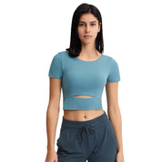 Shinbene Burning Ardor Slim Buttery Soft Workout gym Crop Tops T Shirt Female Naked Feel Padded Running Fitness Short Sleeve Shirts