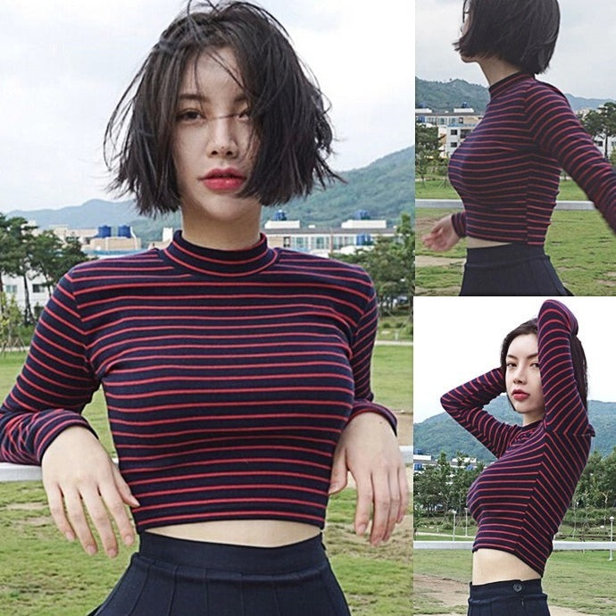 Crop Tops Women Chic All-match Classic Stripe Slim Short Bustier Crop Top Turtleneck Long Sleeved T-shirt Sexy Shirts Tee