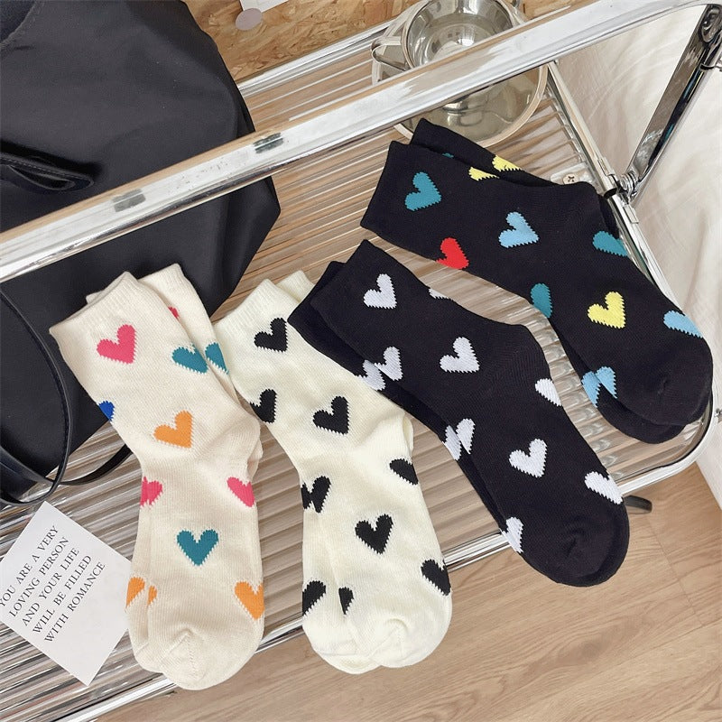 Color Matching Thick Thread Colored Loving Heart Pure Cotton Mid-calf Length Socks