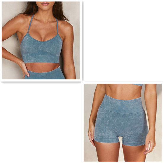 Sports Suit Women's Faux Denim Seamless Knit Fitness Yoga Crop T-Shirt Top Shorts