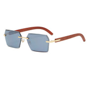 Vintage Wood Grain Temples Cut-Edge Crystal Statement Square Sunglasses