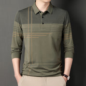 Men's Lapel Long Sleeve Middle-aged Polo Shirt Striped Casual Real Pocket Men's Shirt Trendy