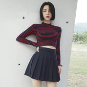 Crop Tops Women Chic All-match Classic Stripe Slim Short Bustier Crop Top Turtleneck Long Sleeved T-shirt Sexy Shirts Tee