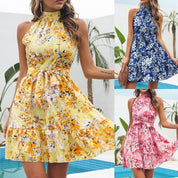 Halter Dresses Women Floral Print Sleeveless Swing Chiffon Holiday Dress