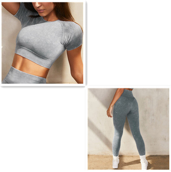 Sports Suit Women's Faux Denim Seamless Knit Fitness Yoga Crop T-Shirt Top Shorts