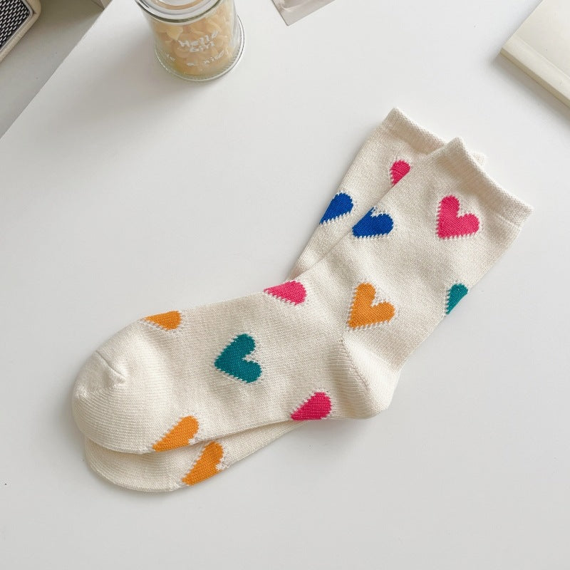 Color Matching Thick Thread Colored Loving Heart Pure Cotton Mid-calf Length Socks