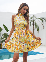 Halter Dresses Women Floral Print Sleeveless Swing Chiffon Holiday Dress