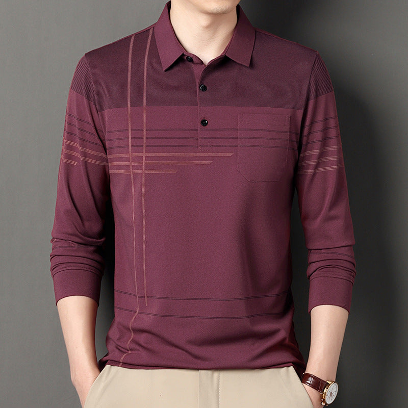 Men's Lapel Long Sleeve Middle-aged Polo Shirt Striped Casual Real Pocket Men's Shirt Trendy