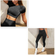 Sports Suit Women's Faux Denim Seamless Knit Fitness Yoga Crop T-Shirt Top Shorts