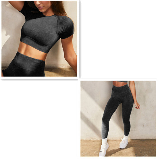 Sports Suit Women's Faux Denim Seamless Knit Fitness Yoga Crop T-Shirt Top Shorts