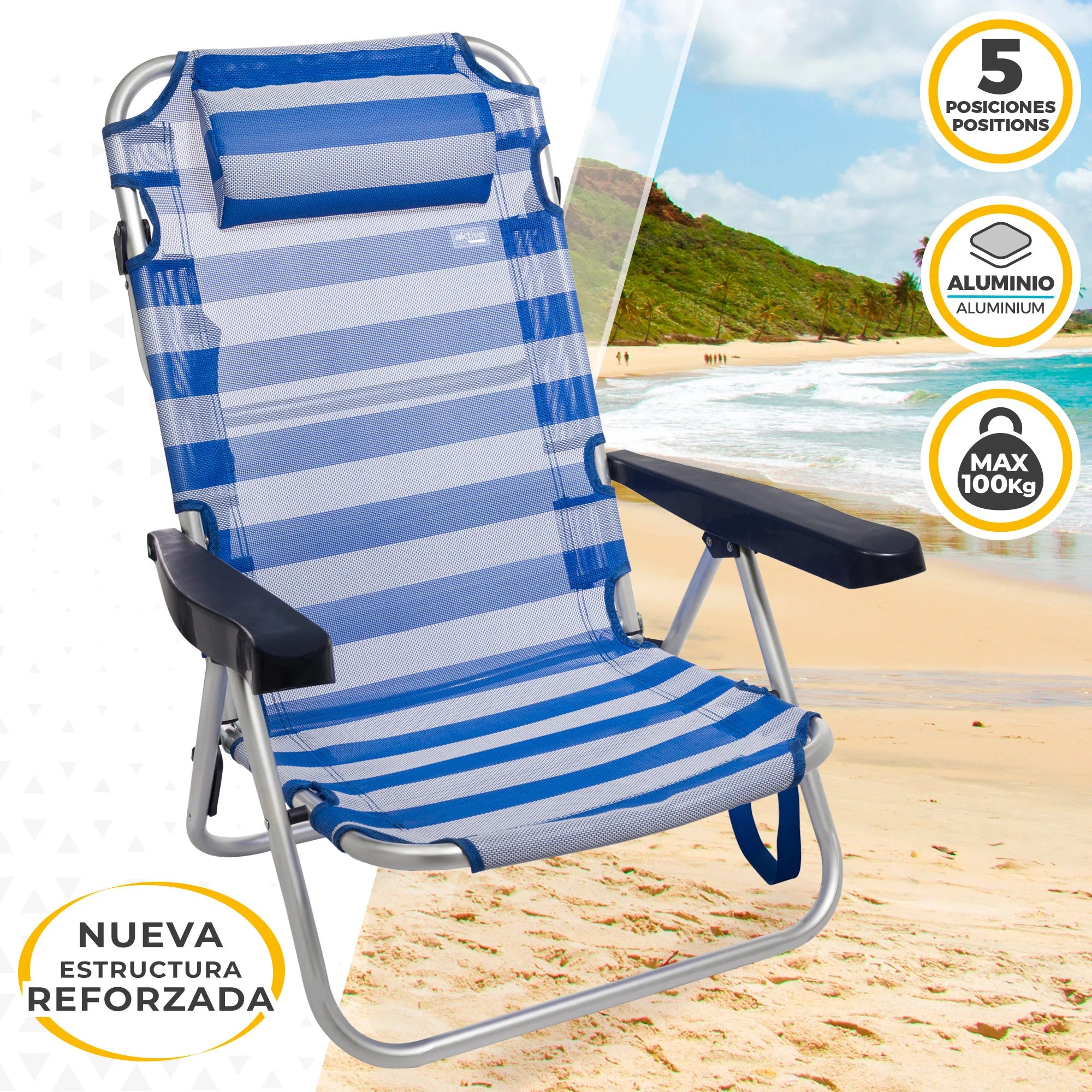 Beige Aktive aluminum multiposition folding chair, portable folding beach chair, beach chair, folding chair, beach chairs, folding chairs, camping chair, outdoor garden chairs, fishing chairs, beach chair