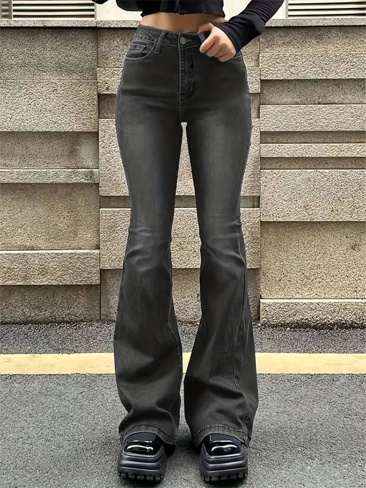 Women Flare Stretch Moustache Jeans Fashion Skinny Bell Bottom High Waist Gray Denim Pants Lady Classic Y2K Punk Long Trousers