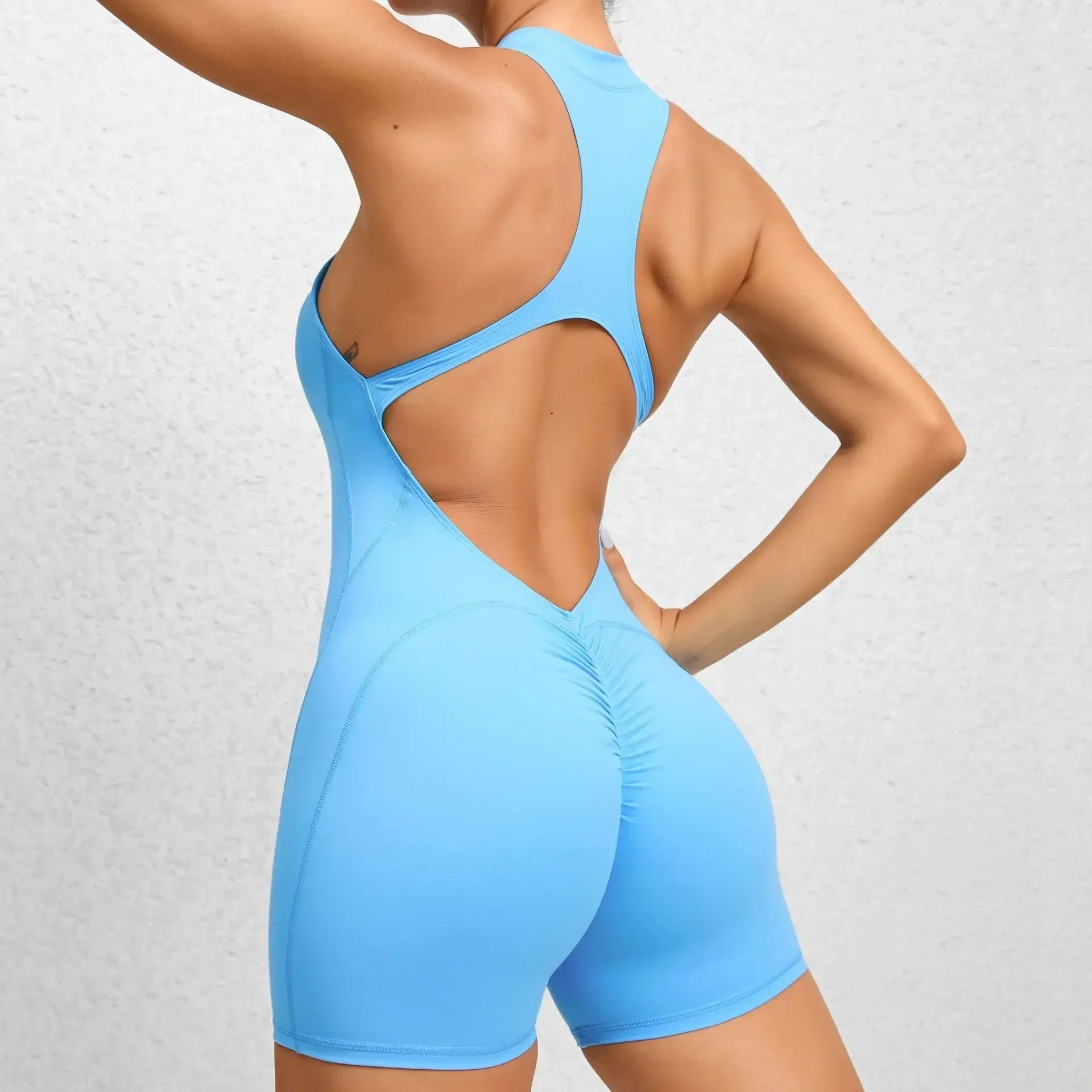 Sexy Hollow Backless Scrunch Butt Sport Jumpsuit Short Woman One Piece Gym Outfit Sleeveless Zipper Fitness Overalls Yoga Romper