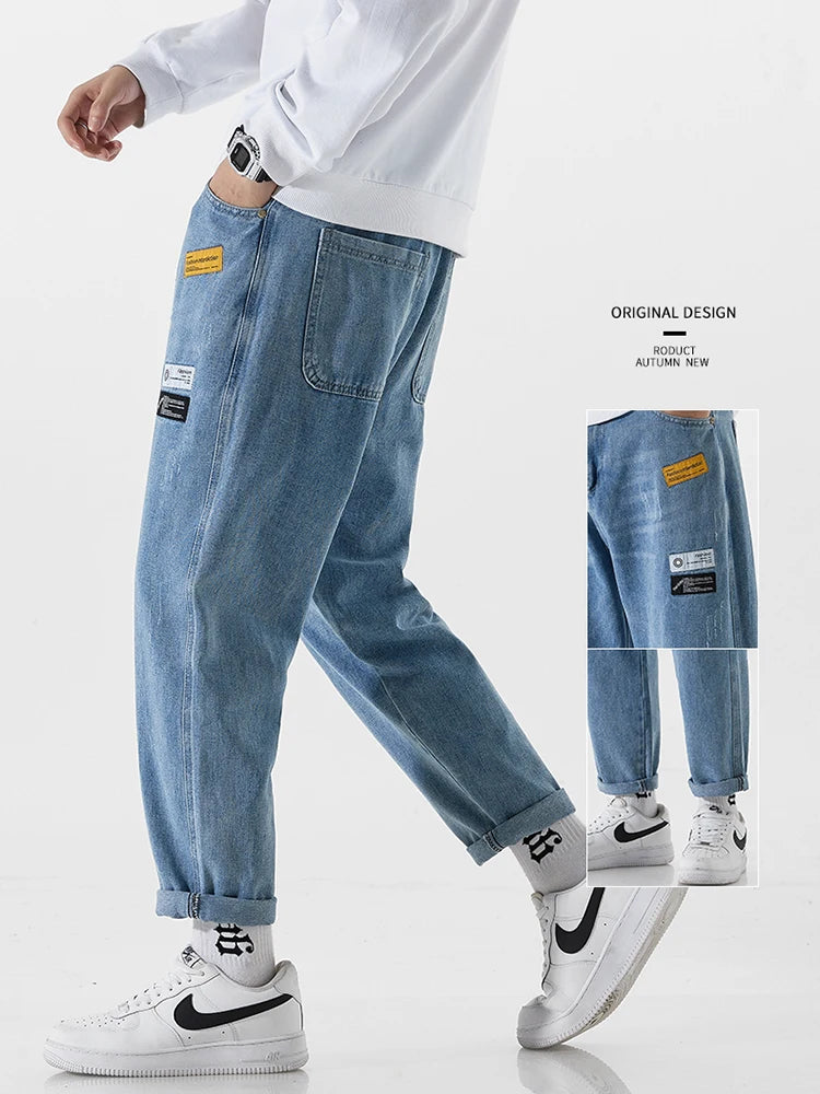 2023 New Korean Fashion Men's Jeans Classic Man Straight Denim Wide-leg Pants Solid Color Bagy Light Blue Grey Black 3XL