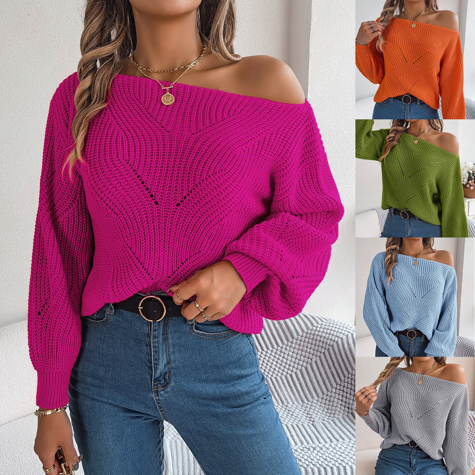 Casual Hollow-out Off-neck Off-the-shoulder Lantern Sleeve Sweater