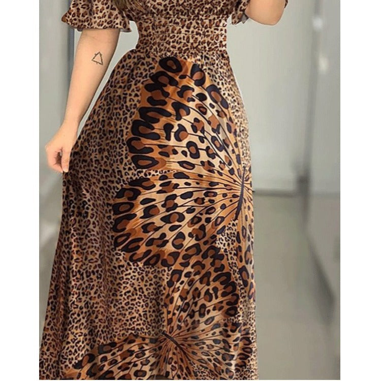 Butterfly Print Dress With Leopard Print Shoulder